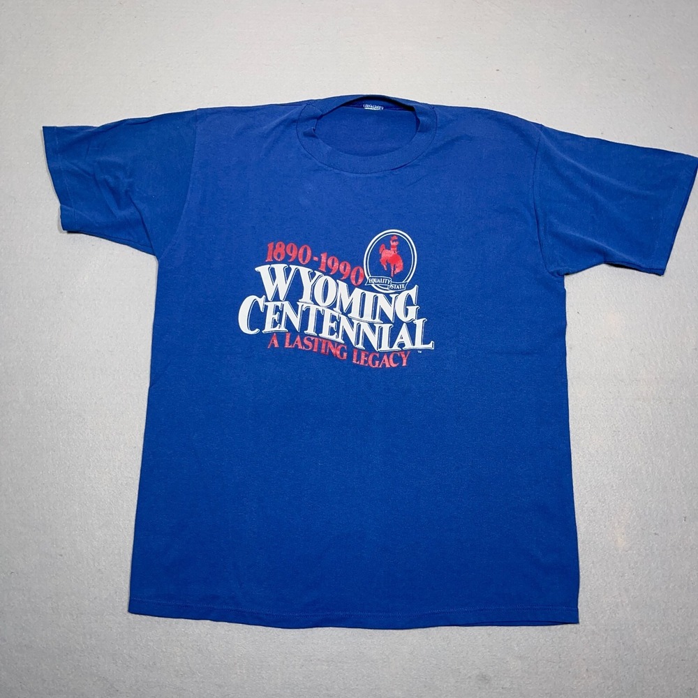 Vintage Wyoming Centennial T Shirt Men Large Regular Fit Blue Single Stitch